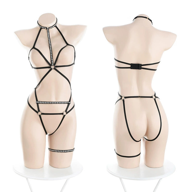 欲擒故纵-性感两穿-黑【网纱长袖罩衣+开裆连体衣+腿环】C368