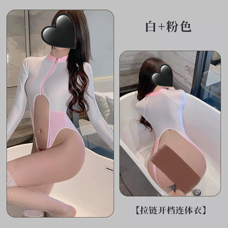 游泳私教-纯欲拉链露胸开裆免脱套装 【白+粉】C323