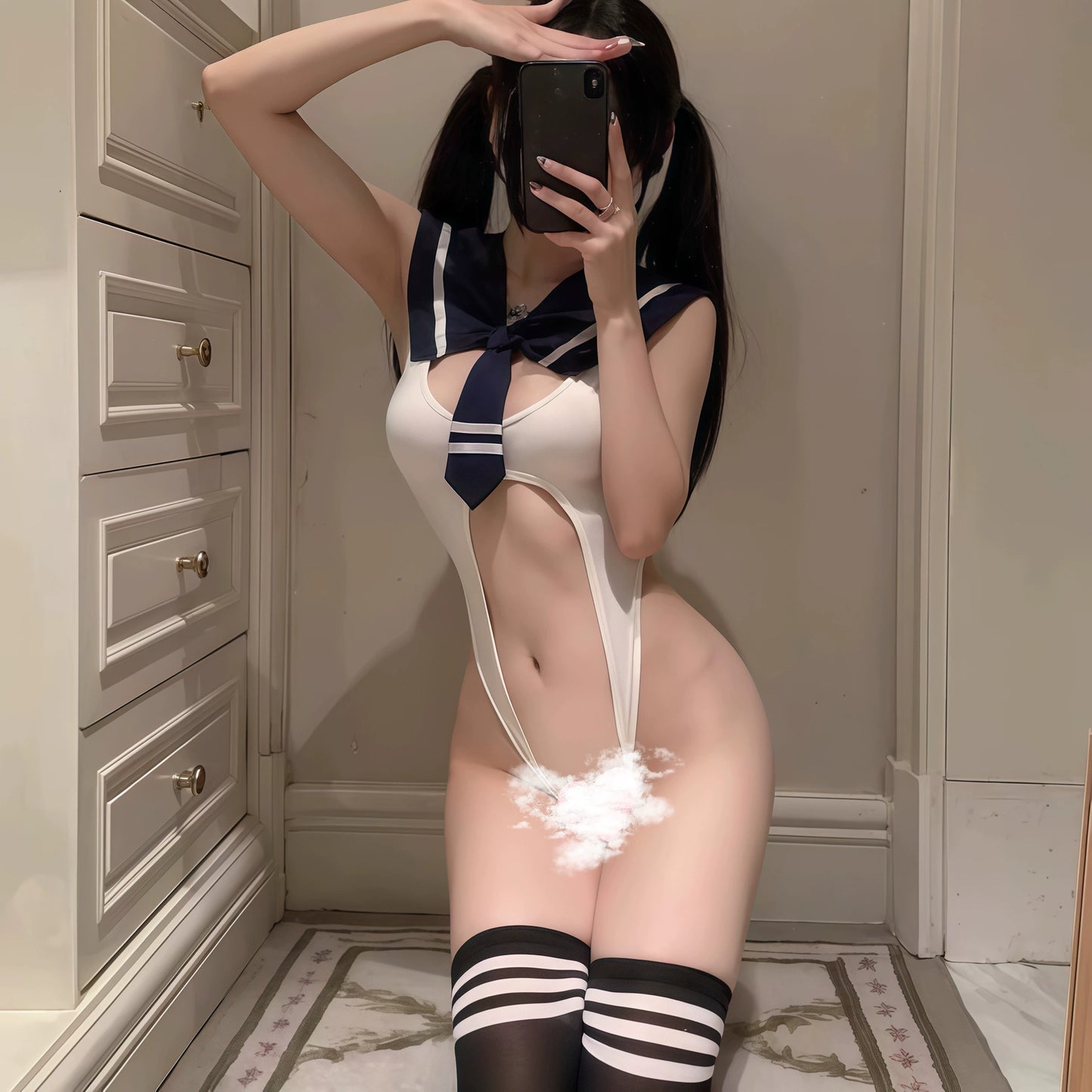 涩涩小学妹-开裆连体衣学院套装 【蓝色】C329