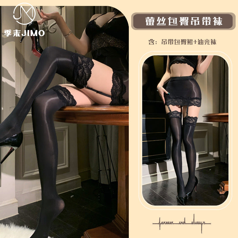 性感油亮丝滑拼接蕾丝包臀裙吊带黑丝S165