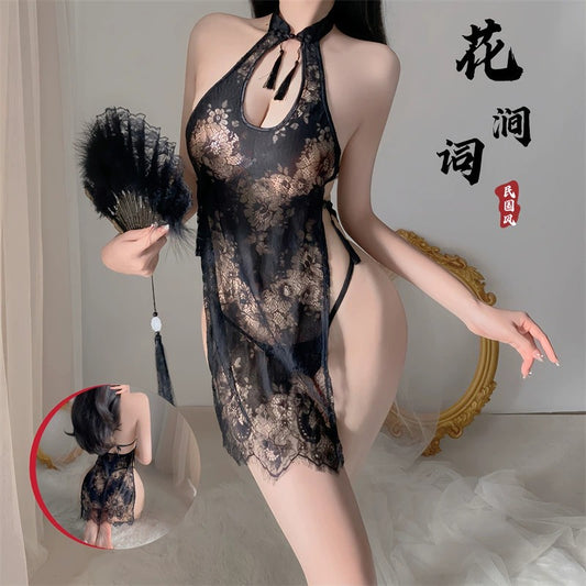 美人如斯-镂空盘扣流苏蕾丝高腰开叉古风旗袍【连衣裙+丁字裤】C320