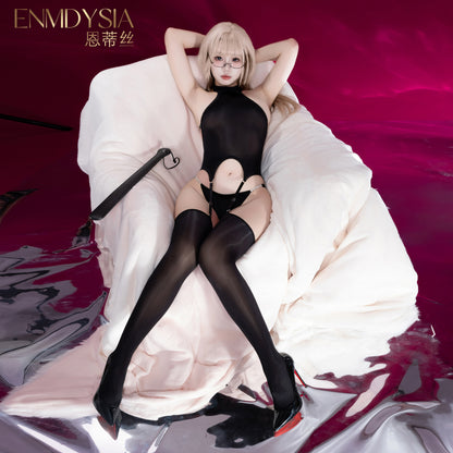 油亮无缝露背挂脖连体衣C391