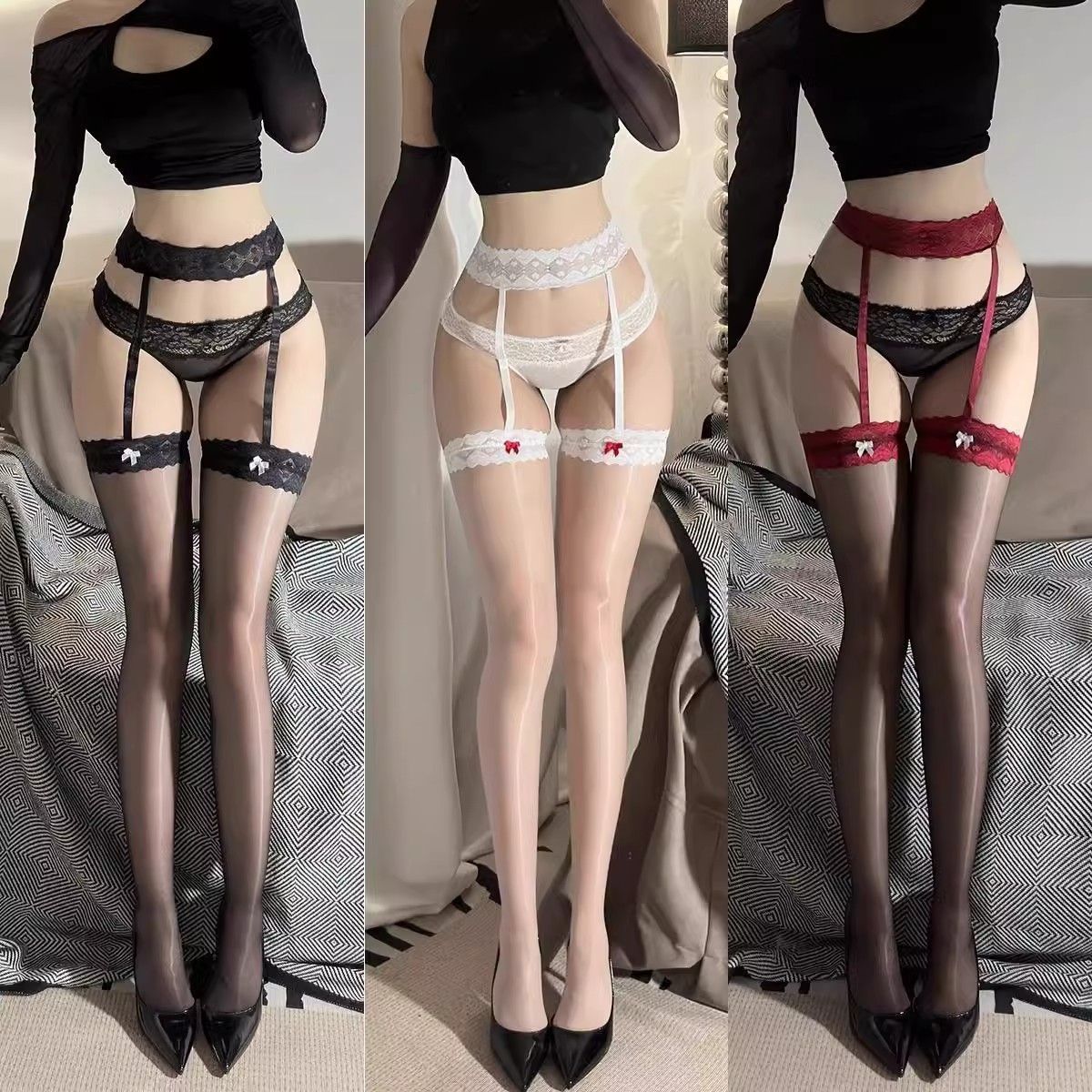 3D油光蝴蝶结丝袜吊带一体情趣丝