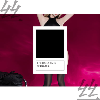 油亮无缝露背挂脖连体衣C391